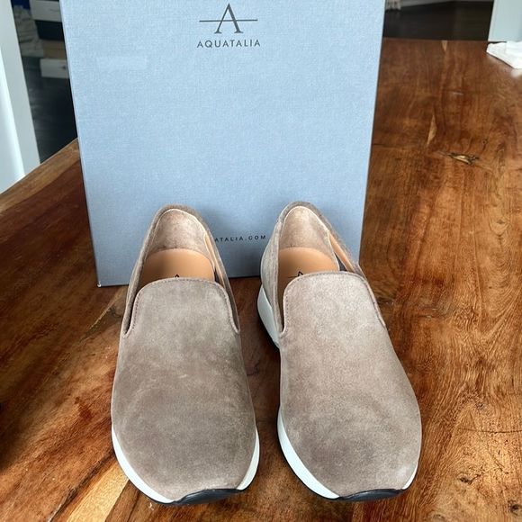 Aquatalia Taupe Suede Water Resistant Sneaker, Size 8 - Picture 1 of 6